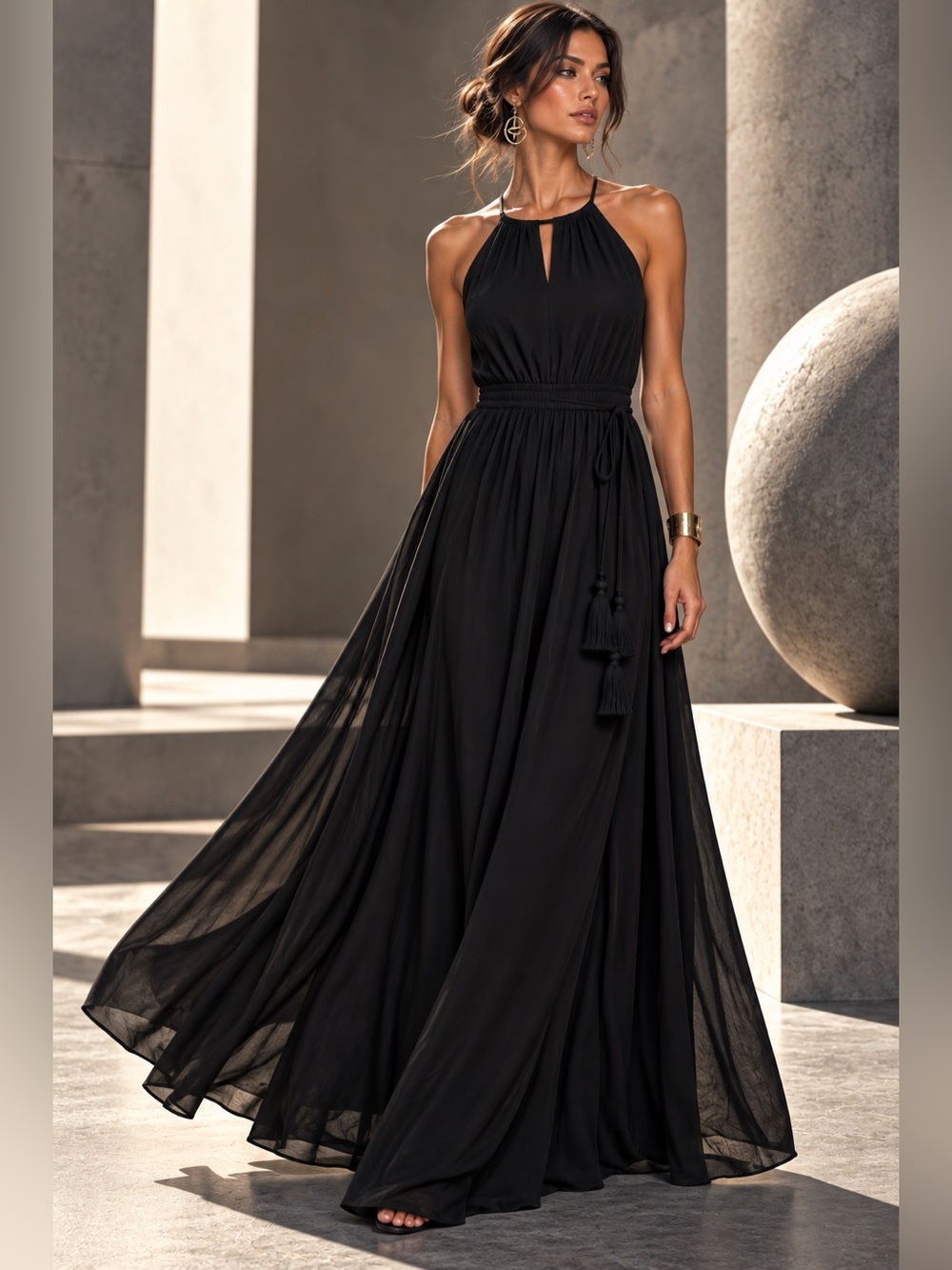 LOFT Black Halter Maxi Dress Tall Small Tassel Tie Elastic Waist Sleeveless HOCO